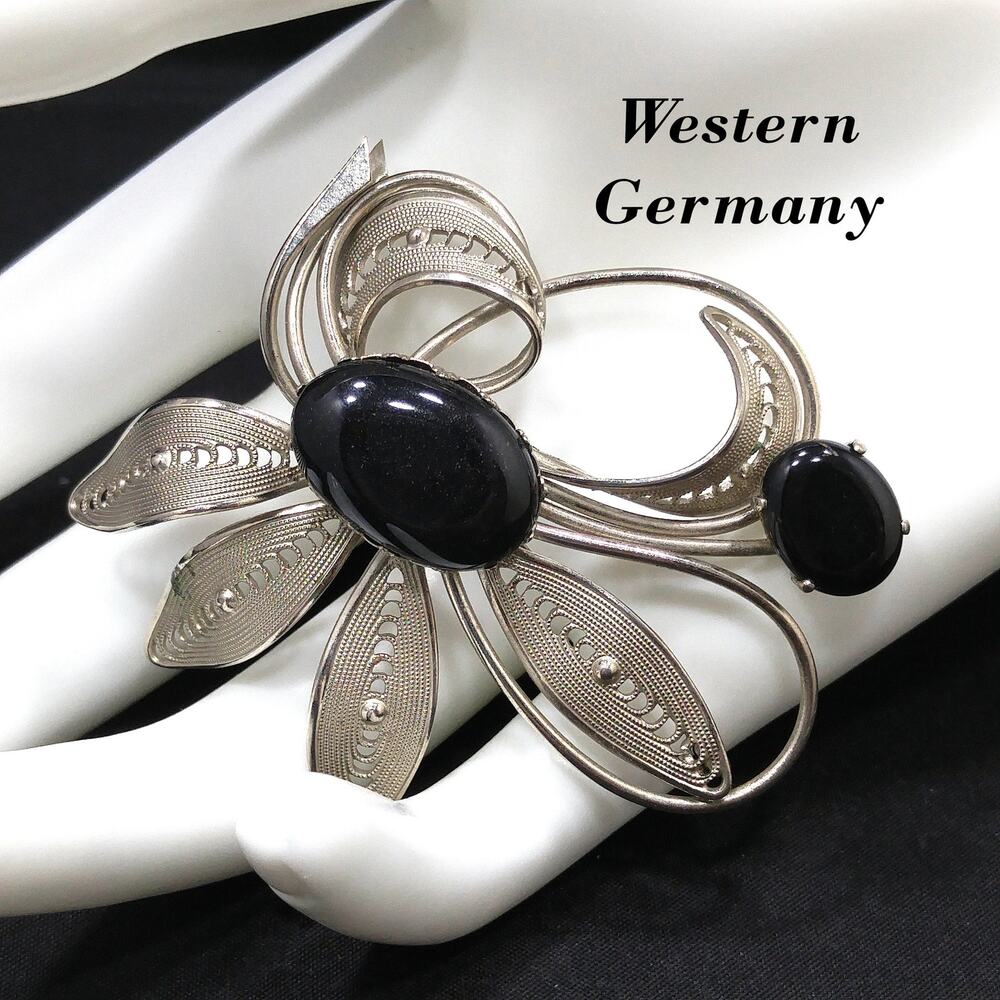 Western Germany Black & Silver Floral Brooch, Black Glass Cabochons, 1950s